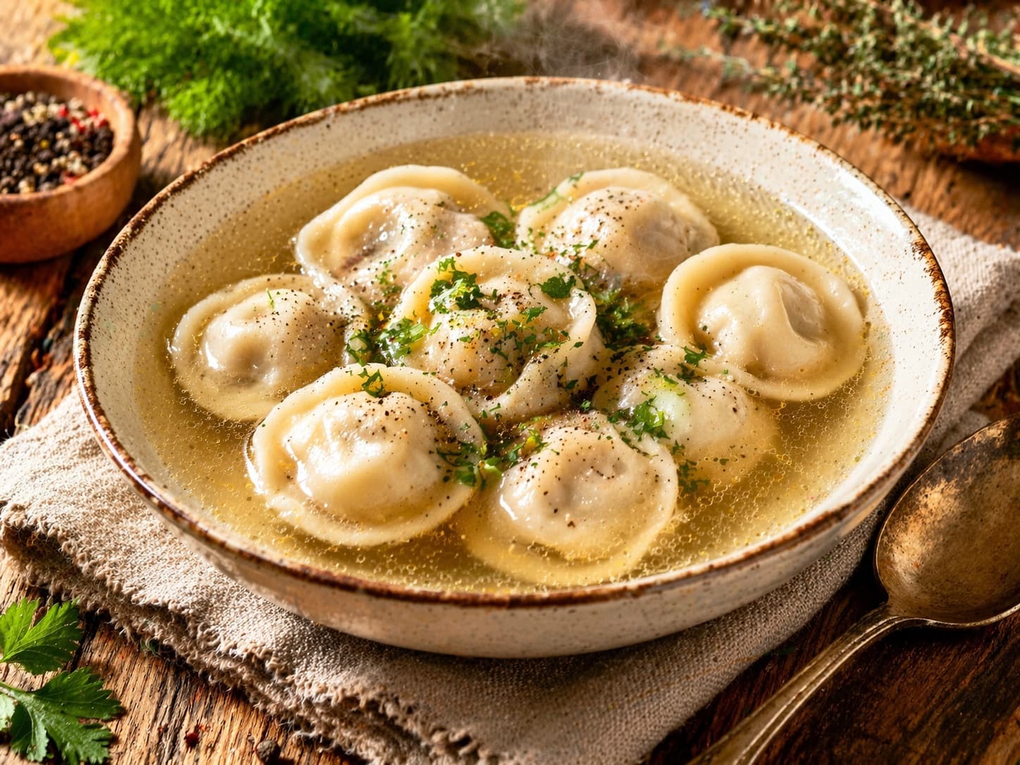 Пельмени по-татарски с бульоном